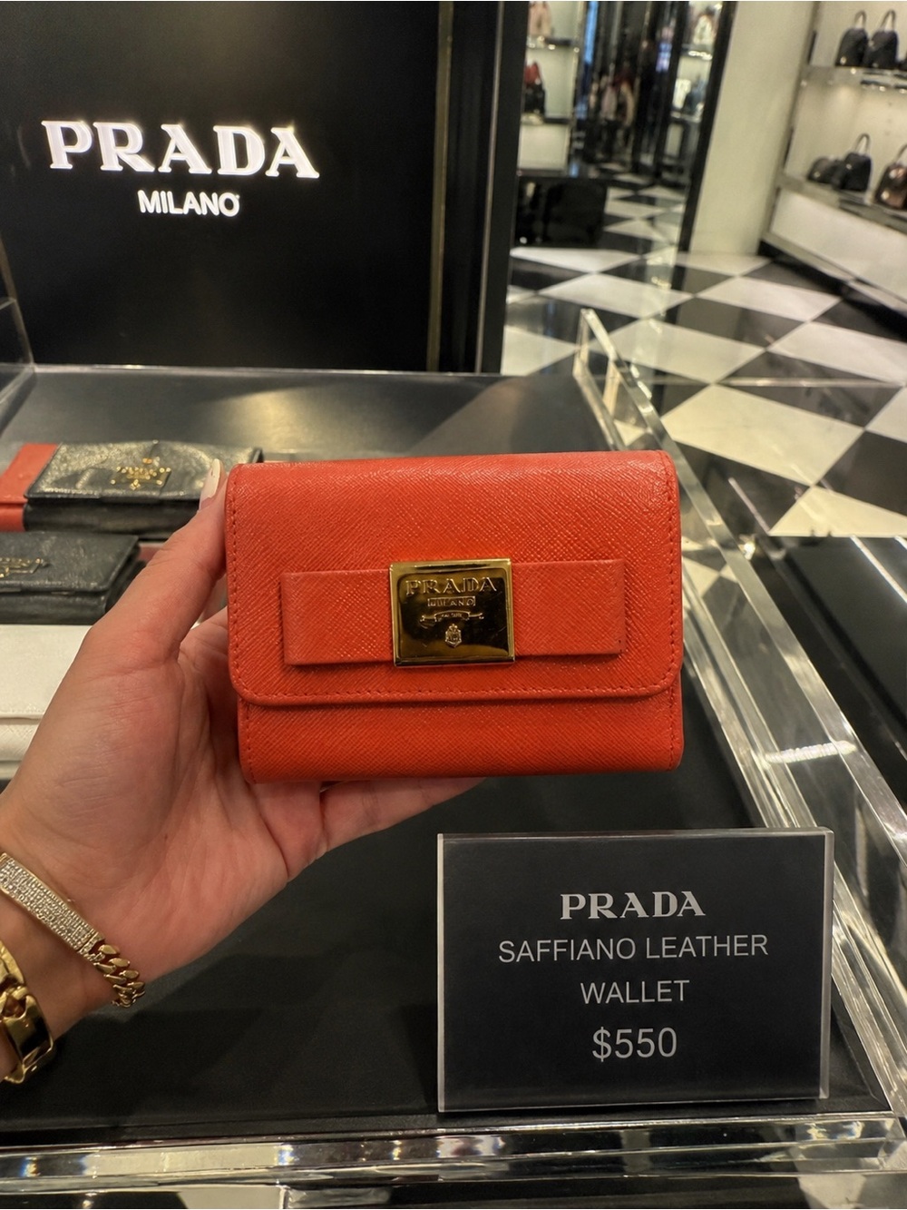 Prada Orange Saffiano Leather Compact Wallet with Gold Plaque